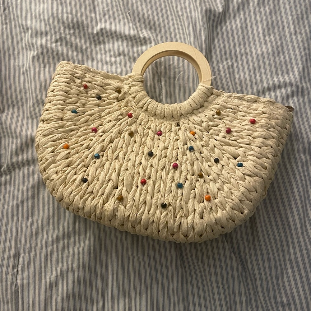 Style & Co. Cream Woven Tote with Colorful Beads